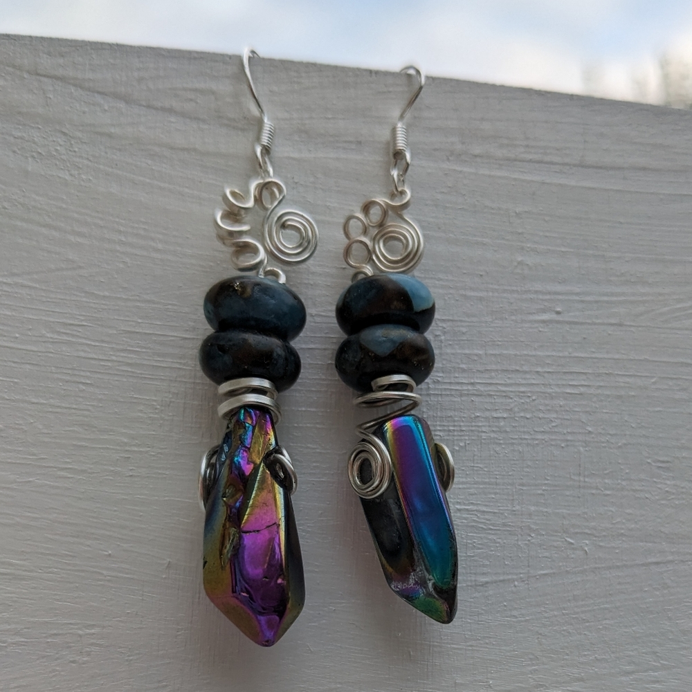 Quartz Crystals & Impression Jasper Silver Earrings Handmade Artisan Wrapped - Picture 7 of 10